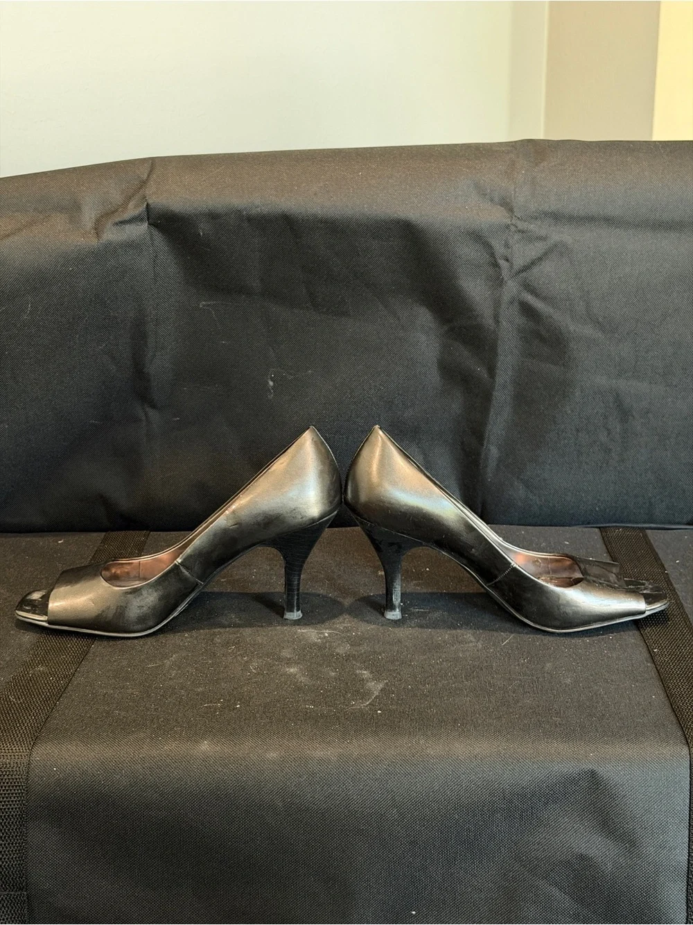 Tahari Black Leather Peep-Toe Heels